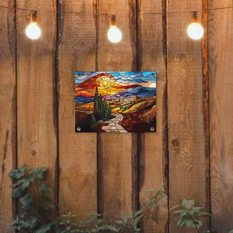 Mozaïek - Zon - Landschap - Dorp tuinposter los doek klein -sfeer1