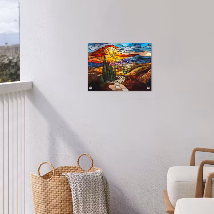 Mozaïek - Zon - Landschap - Dorp tuinposter los doek klein -sfeer8