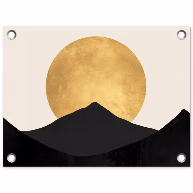 Bergsilhouetten - Gouden cirkel - Beige tuinposter los doek klein -3d