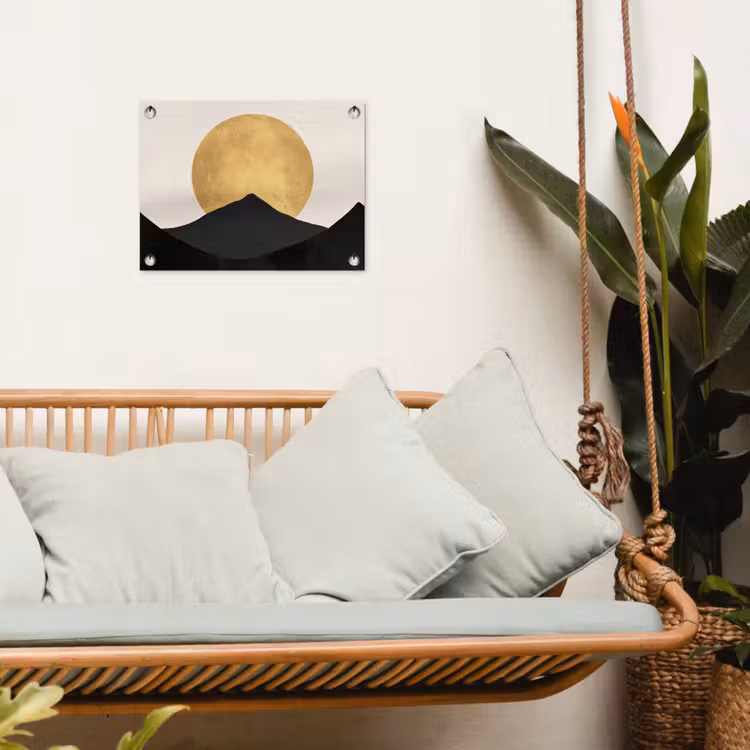 Bergsilhouetten - Gouden cirkel - Beige tuinposter los doek klein -sfeer7