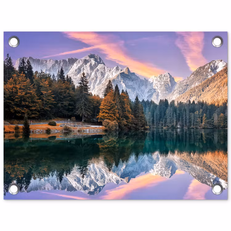 Bergen - Bos - Water - Lucht - Roze - Paars tuinposter los doek klein -3d