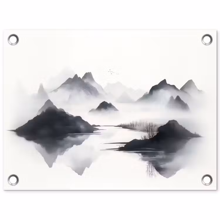 Bergen - Mistig - Water - Wit tuinposter los doek klein -3d