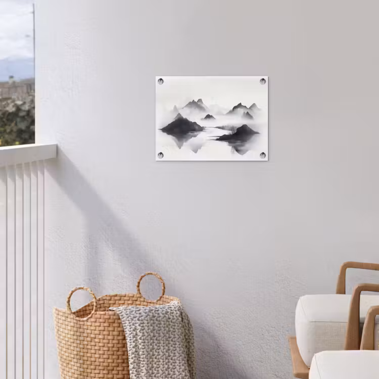 Bergen - Mistig - Water - Wit tuinposter los doek klein -sfeer8