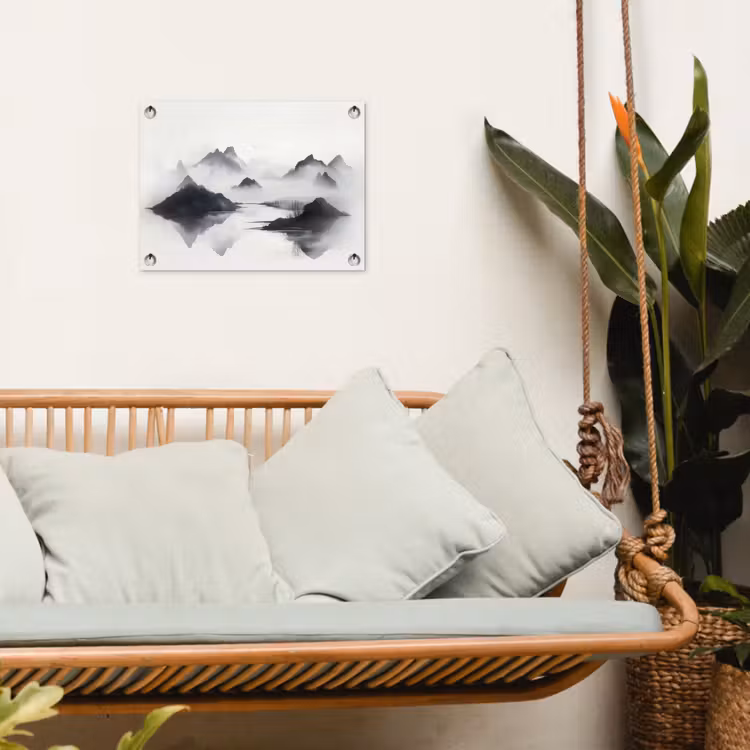 Bergen - Mistig - Water - Wit tuinposter los doek klein -sfeer7