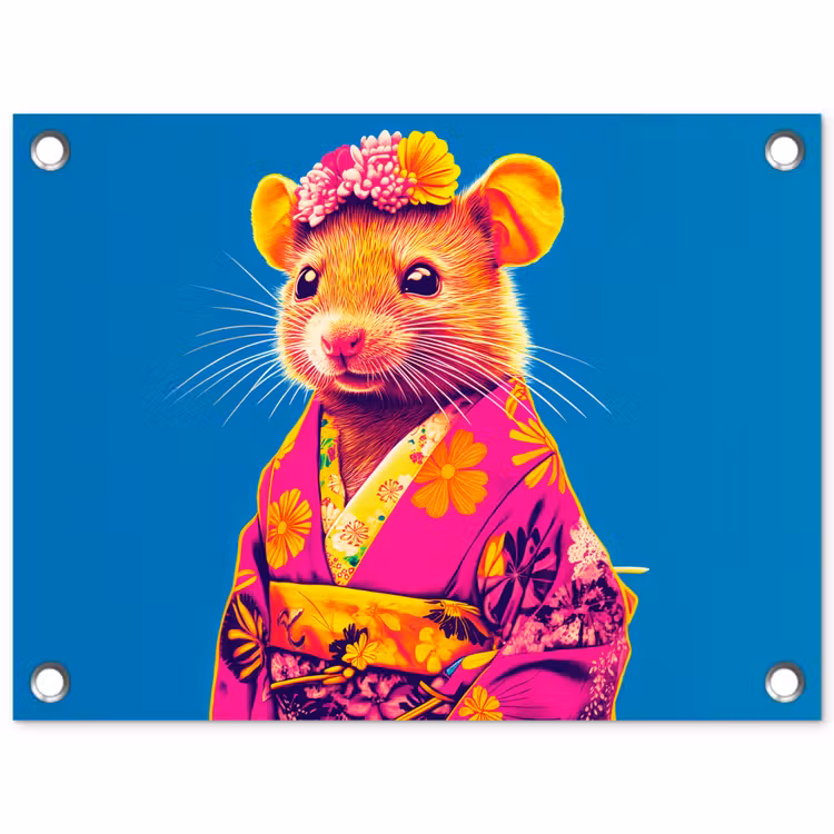 Muis - Kimono - Bloemen - Blauw tuinposter los doek klein -3d
