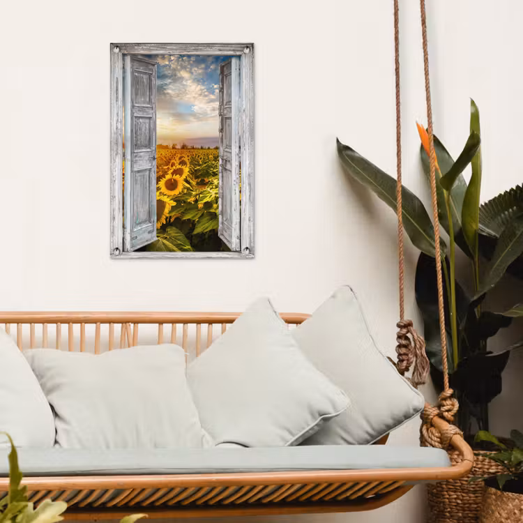 Oude deuren naar zonnebloemveld tuinposter los doek klein -sfeer7