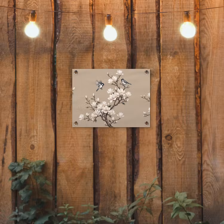 Oosters - Vogels - Beige tuinposter los doek klein -sfeer1