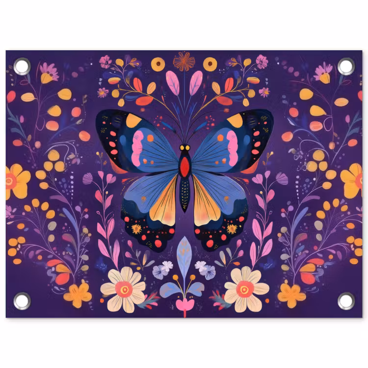 Sierlijk - Bloemen - Vlinder - Paars tuinposter los doek klein -3d