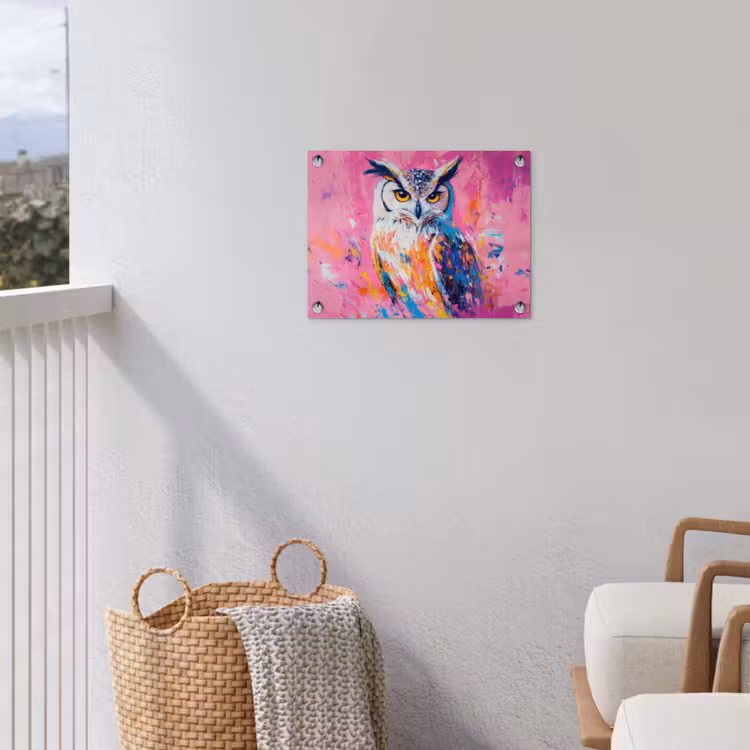Uil - Roze - Blauw - Verf - Abstract tuinposter los doek klein -sfeer8