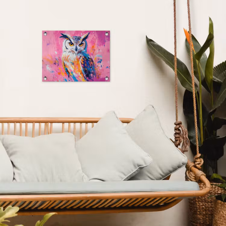 Uil - Roze - Blauw - Verf - Abstract tuinposter los doek klein -sfeer7