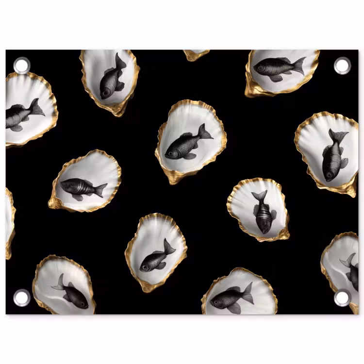 Oesters - Zwart - Vissen - Goud tuinposter los doek klein -3d
