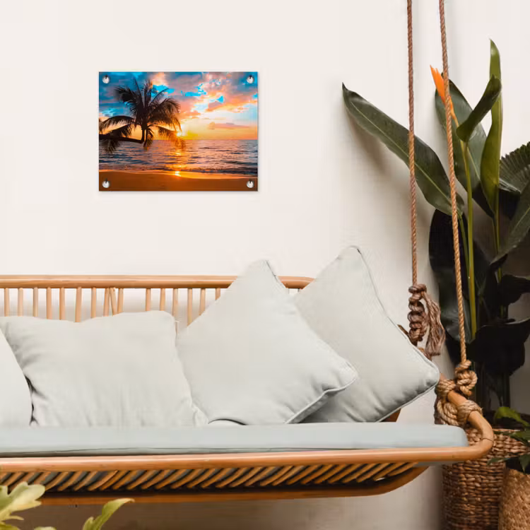 Palm - Zonsondergang - Horizon - Strand - Zee - Tropisch tuinposter los doek klein -sfeer7