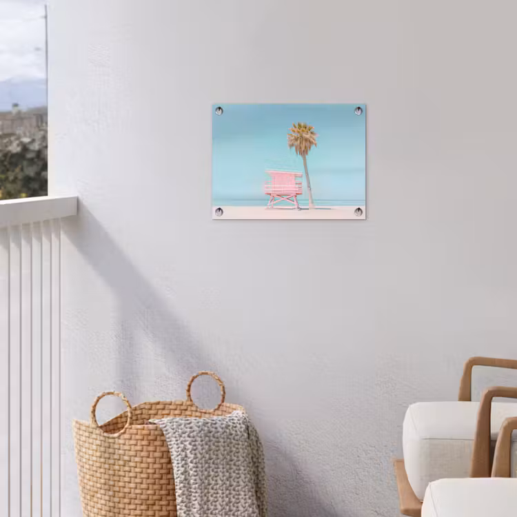Palmboom - Strandhuis - Roze tuinposter los doek klein -sfeer8