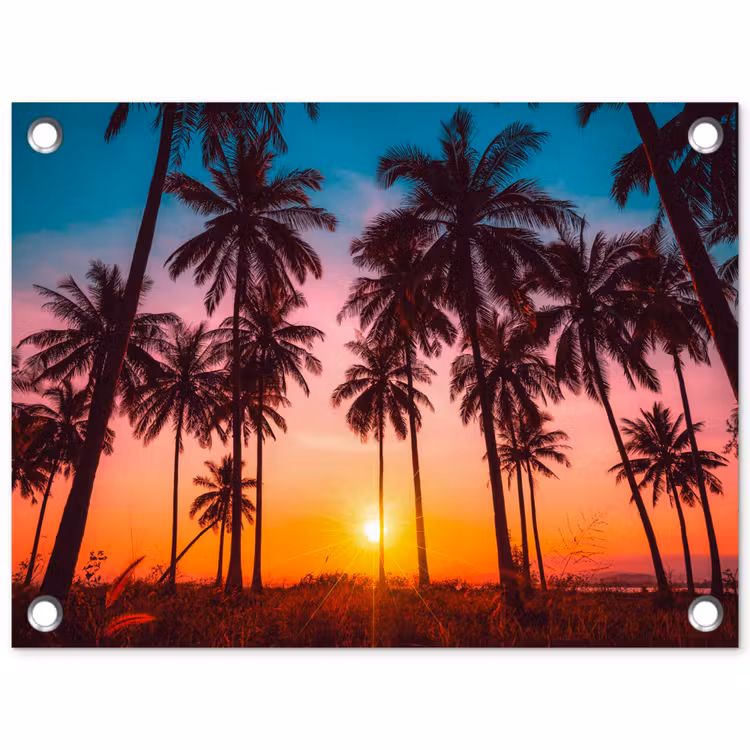 Palmboom - Zonsondergang - Horizon - Strand - Oranje - Roze tuinposter los doek klein -3d