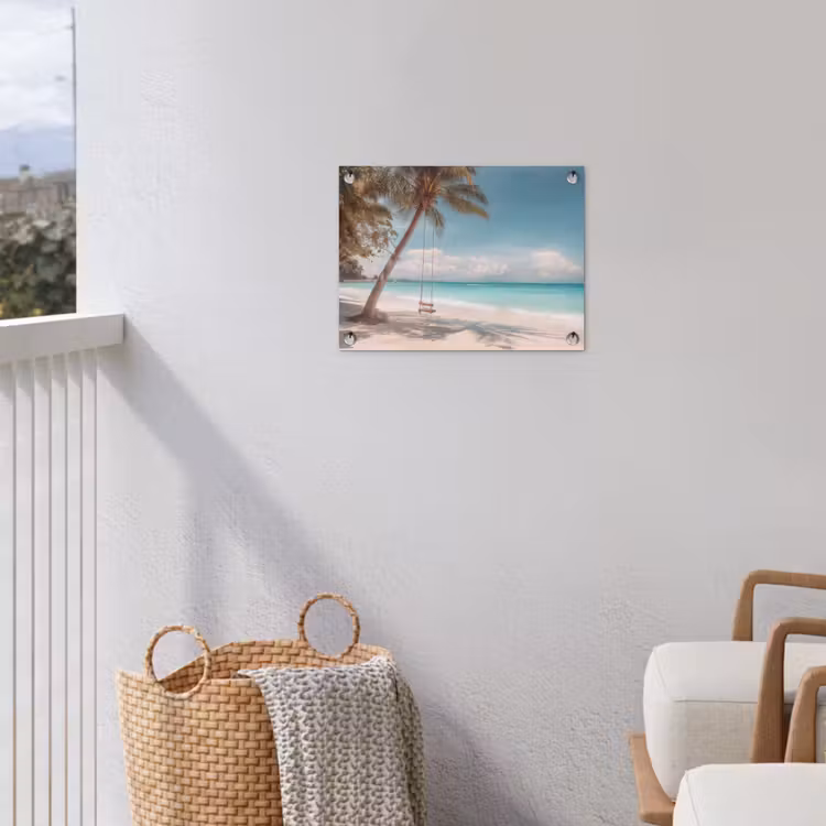 Palmboom - Schommel - Strand - Lucht tuinposter los doek klein -sfeer8