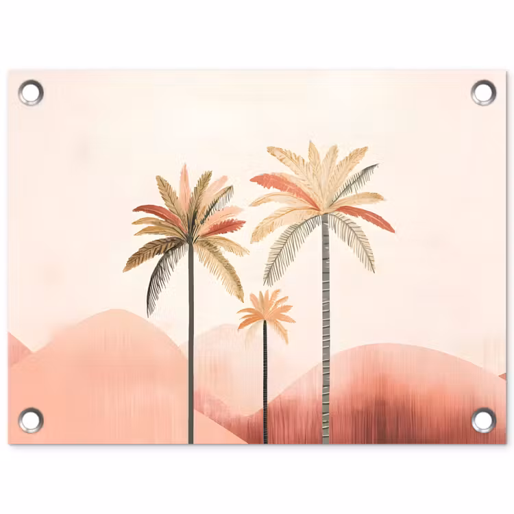 Palmbomen - Heuvels - Minimalistisch - Zachtroze tuinposter los doek klein -3d