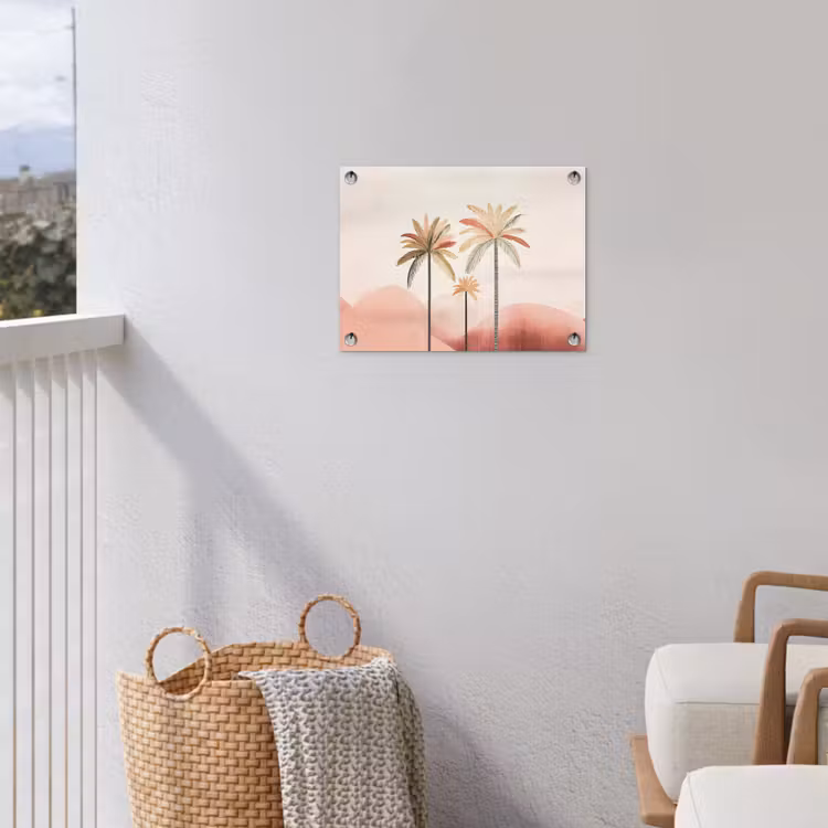 Palmbomen - Heuvels - Minimalistisch - Zachtroze tuinposter los doek klein -sfeer8