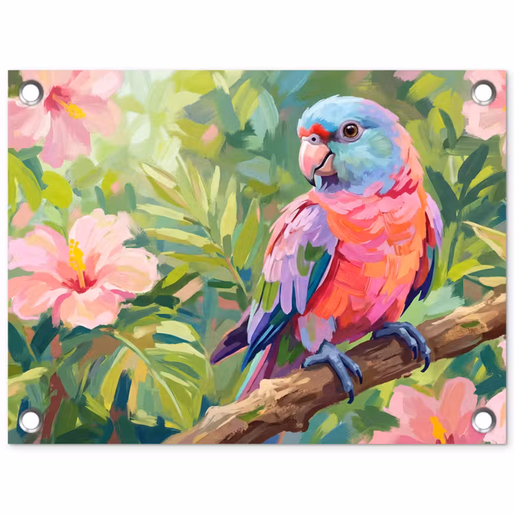 Papagaai - Hibiscusbloemen - Kleurrijk tuinposter los doek klein -3d