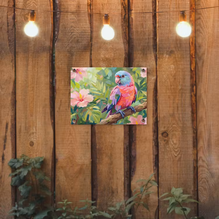Papagaai - Hibiscusbloemen - Kleurrijk tuinposter los doek klein -sfeer1