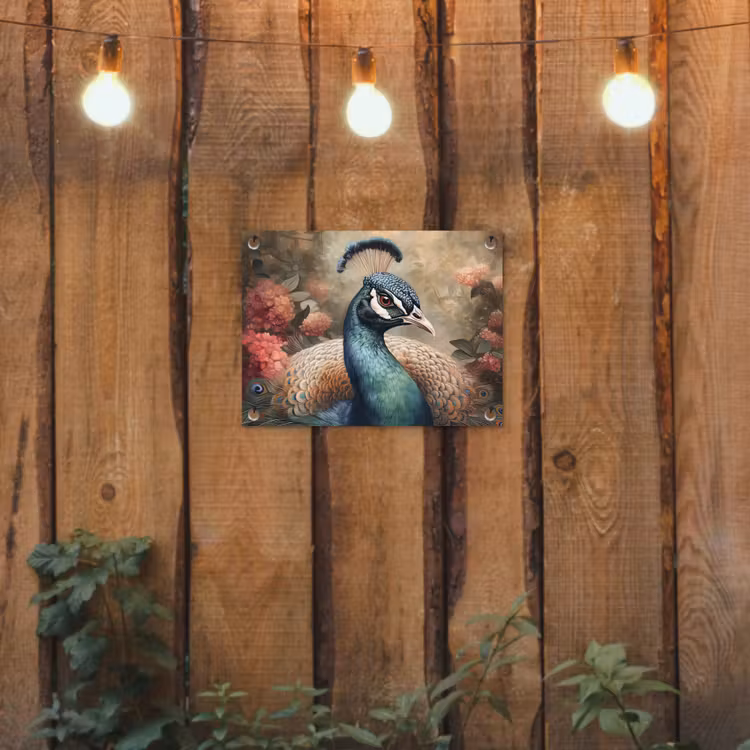 Pauw - Vogel - Bloemen - Planten - Pauwenveren tuinposter los doek klein -sfeer1