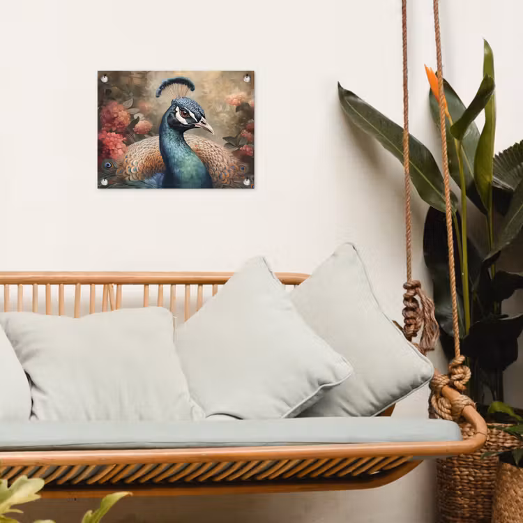 Pauw - Vogel - Bloemen - Planten - Pauwenveren tuinposter los doek klein -sfeer7