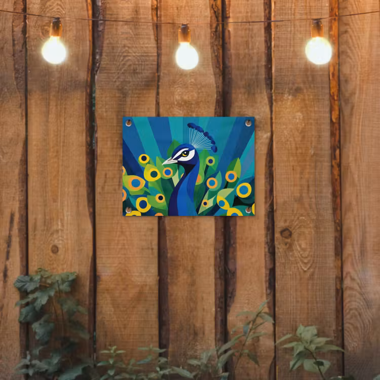 Pauw - Cirkels - Blauw tuinposter los doek klein -sfeer1