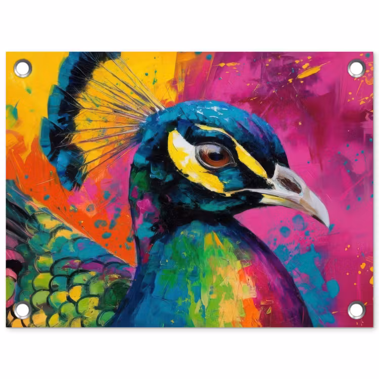 Pauw - Veren - Verfspatten - Paars tuinposter los doek klein -3d