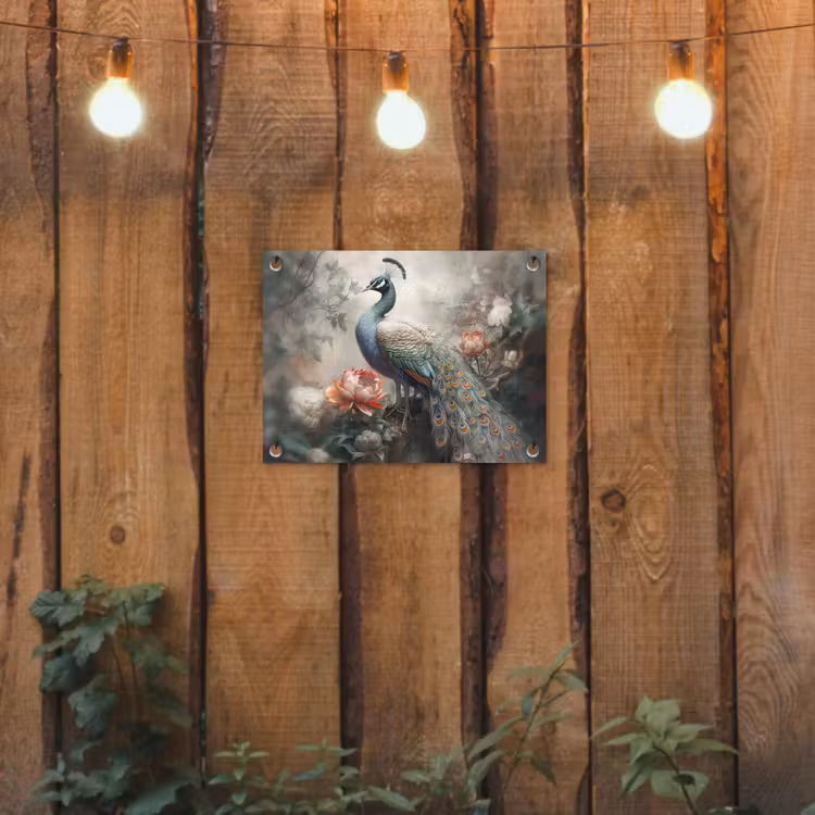 Pauw - Pauwenveren - Vogel - Jungle - Bloemen tuinposter los doek klein -sfeer1