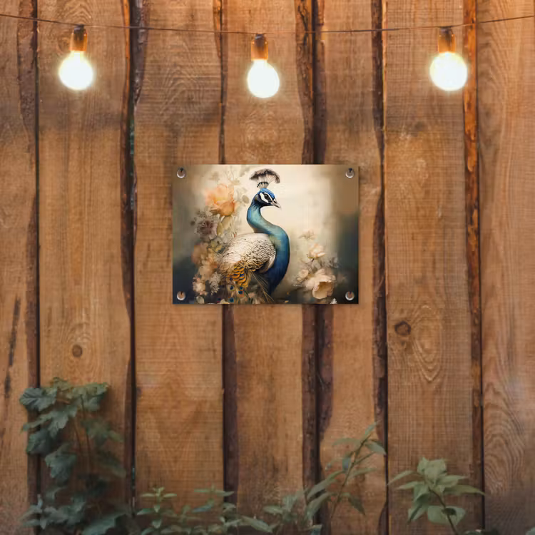 Pauw - Pauwenveren - Bloemen - Vogels - Botanisch tuinposter los doek klein -sfeer1