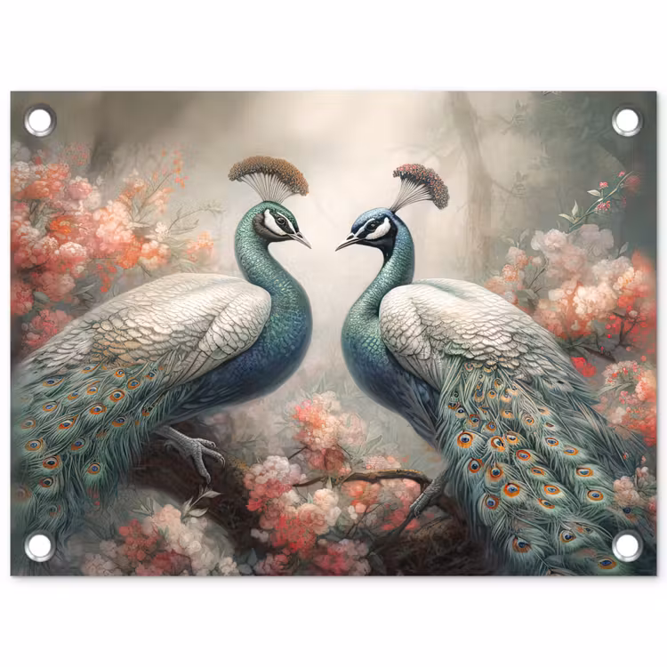 Pauwen - Pauwenveren - Vogels - Bloemen - Natuur tuinposter los doek klein -3d