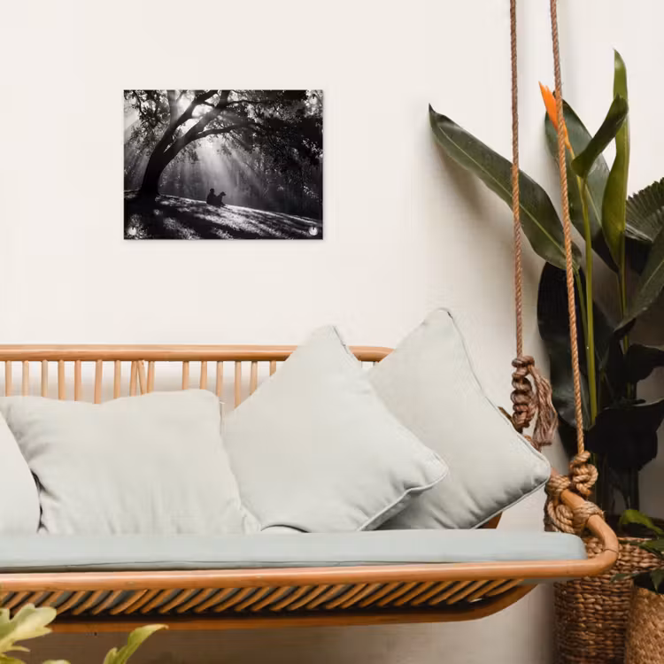Mens - Hond - Natuur - Zwart-wit - Silhouet tuinposter los doek klein -sfeer7