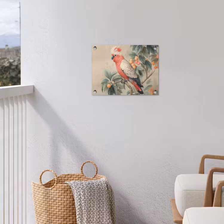 Roze kuifkaketoe - Tak met vruchten - Bladeren tuinposter los doek klein -sfeer8