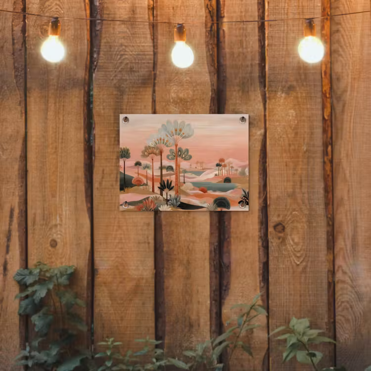 Roze landschap - Palmen - Water tuinposter los doek klein -sfeer1