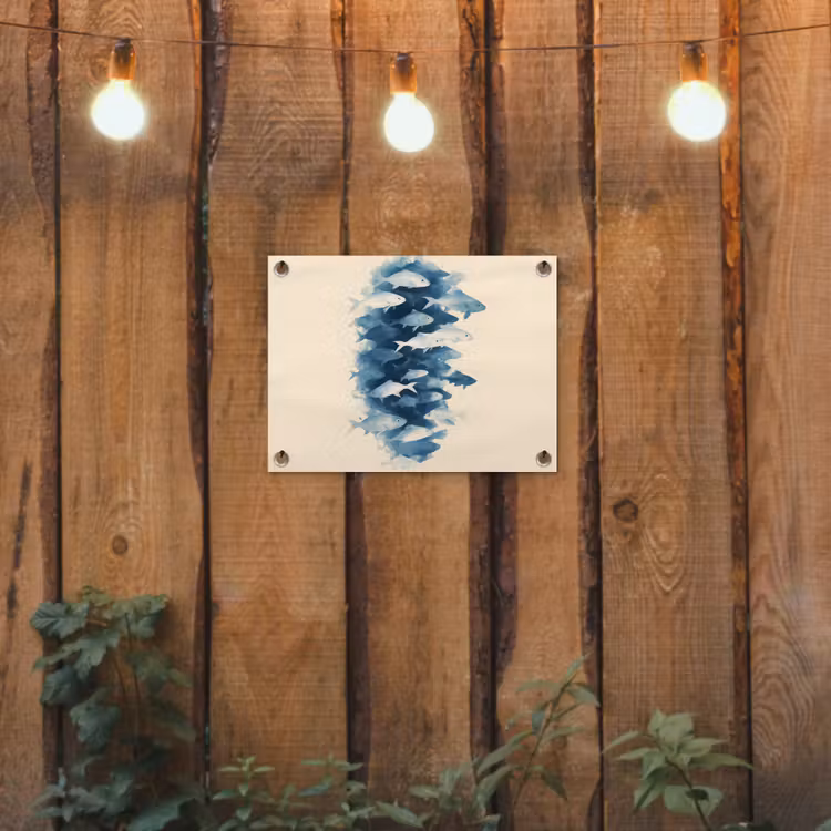 Vissen - Minimalistisch - Blauw tuinposter los doek klein -sfeer1