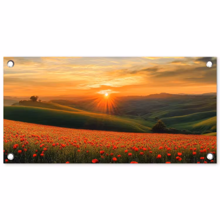 Klaprozen - Bloemen - Heuvels - Zonsondergang tuinposter los doek klein -3d