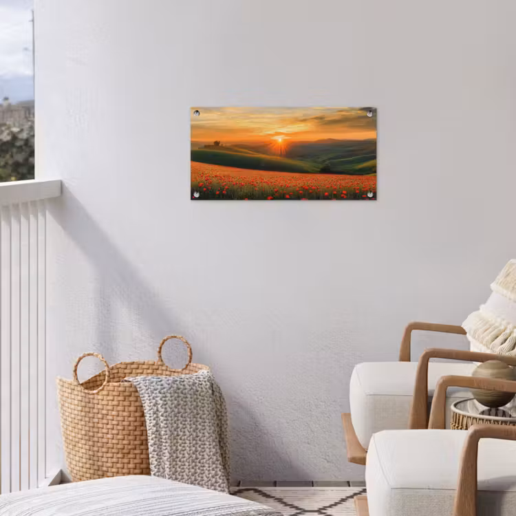 Klaprozen - Bloemen - Heuvels - Zonsondergang tuinposter los doek klein -sfeer8
