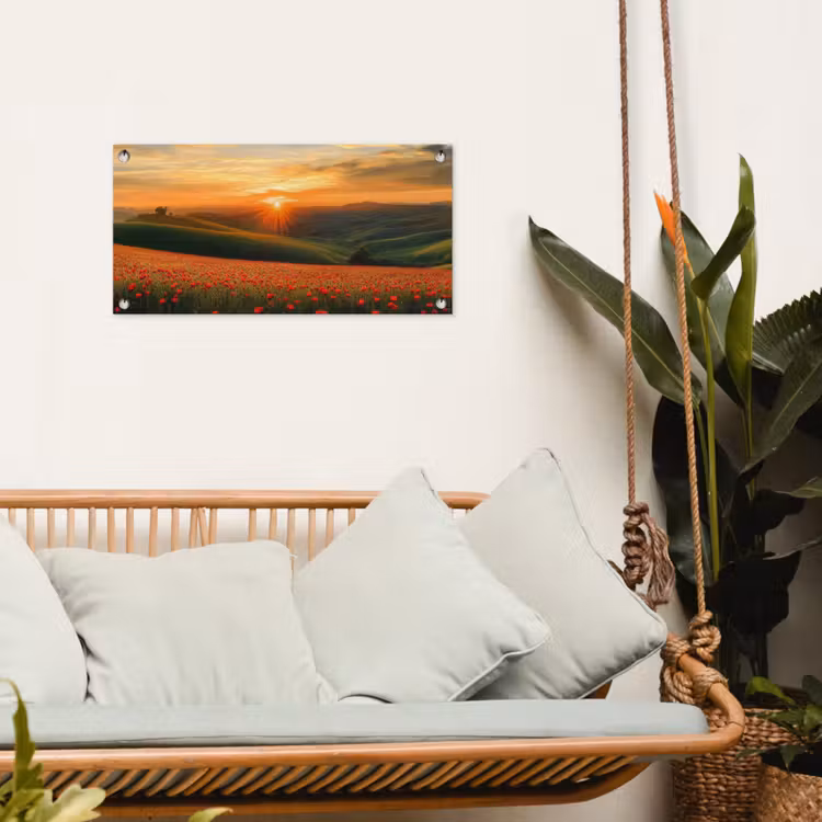 Klaprozen - Bloemen - Heuvels - Zonsondergang tuinposter los doek klein -sfeer7