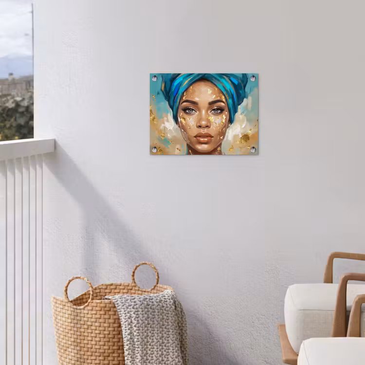 Portret - Vrouw - Schilderij - Blauw - Goud - Expressief tuinposter los doek klein -sfeer8