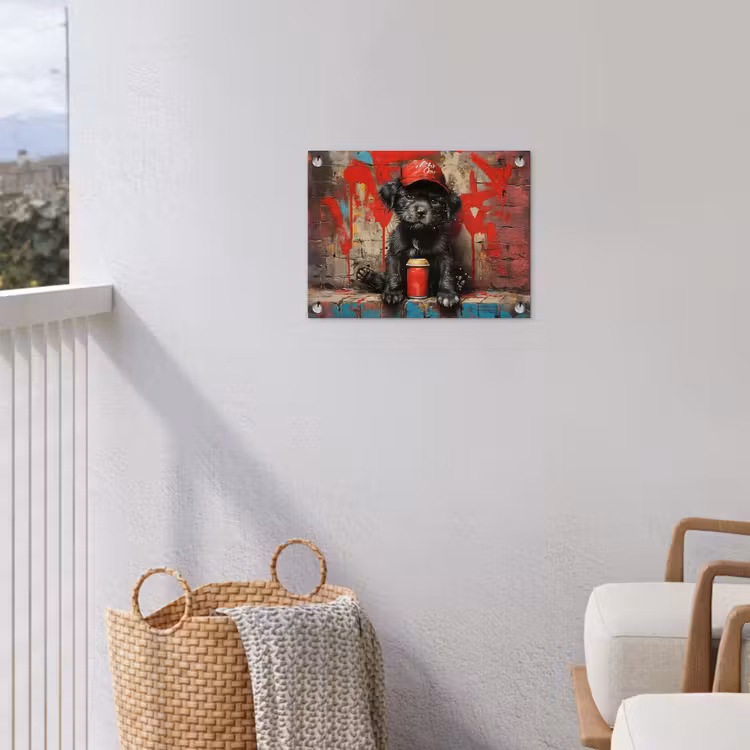 Puppy met Rode Pet en Spuitbus tuinposter los doek klein -sfeer8