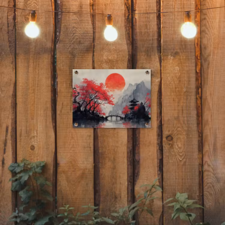 Rode zon - Rivier - brug - Bomen tuinposter los doek klein -sfeer1