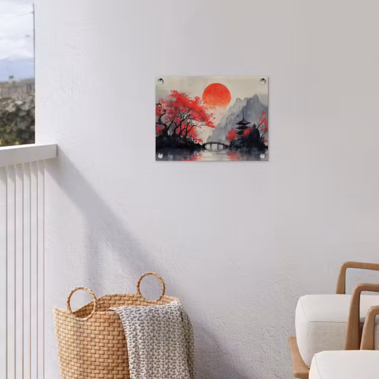 Rode zon - Rivier - brug - Bomen tuinposter los doek klein -sfeer8