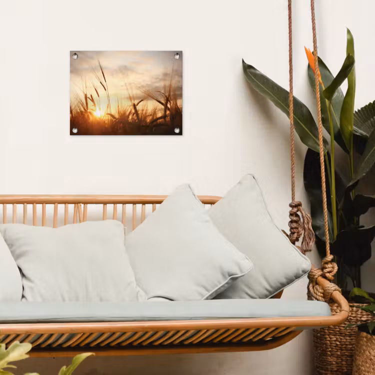 Riet - Gras - Zonsondergang - Natuur - Horizon tuinposter los doek klein -sfeer7