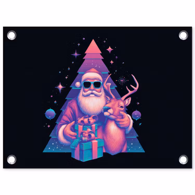 Retro - Kerstman - Rendieren - Kerstboom tuinposter los doek klein -3d