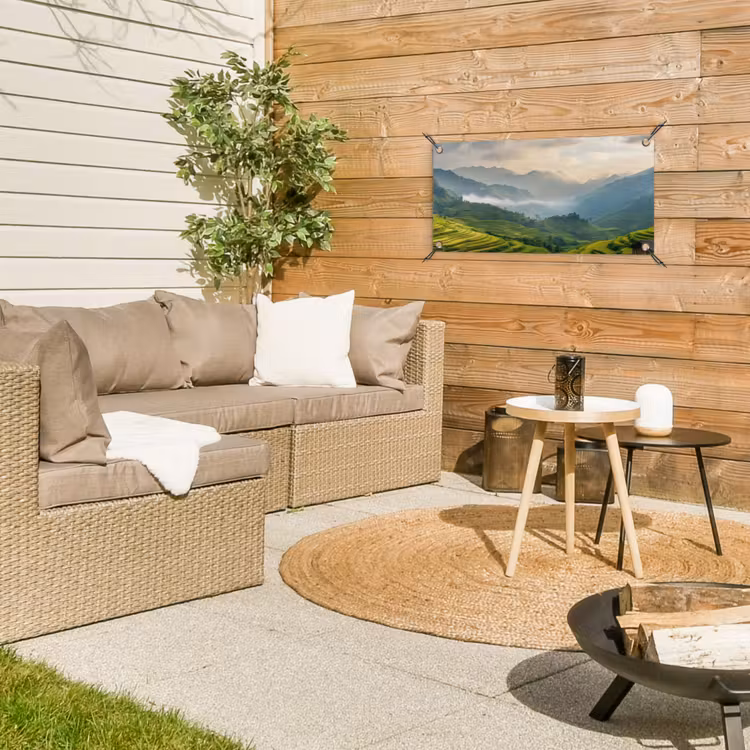 Rijstvelden - Bergen - Groen - Natuur tuinposter los doek klein -sfeer4