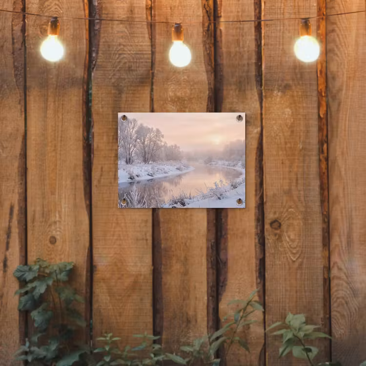 Rivier - Winter - Landschap - Sneeuw - Zonsopgang tuinposter los doek klein -sfeer1