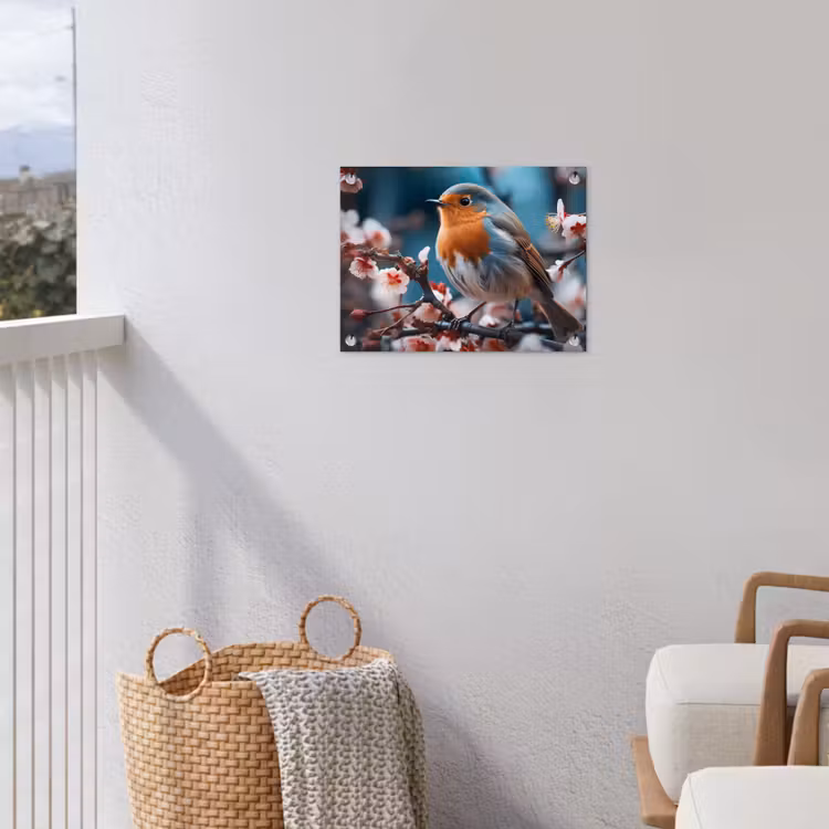 Roodborstje tussen de Bloesems tuinposter los doek klein -sfeer8