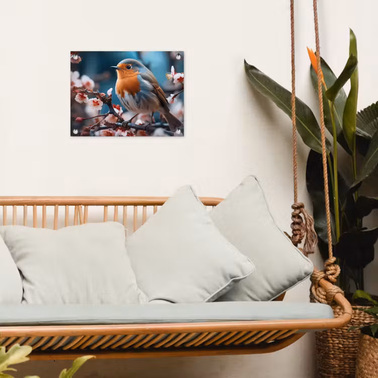 Roodborstje tussen de Bloesems tuinposter los doek klein -sfeer7