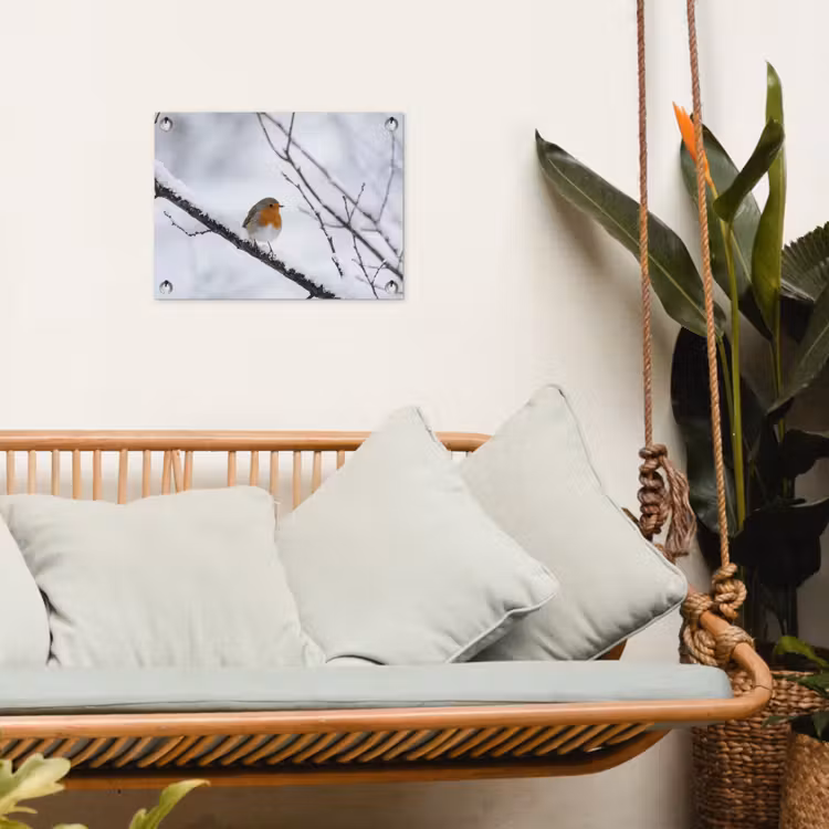 Roodborstje - Tak - Sneeuw - Winter - Levendig tuinposter los doek klein -sfeer7