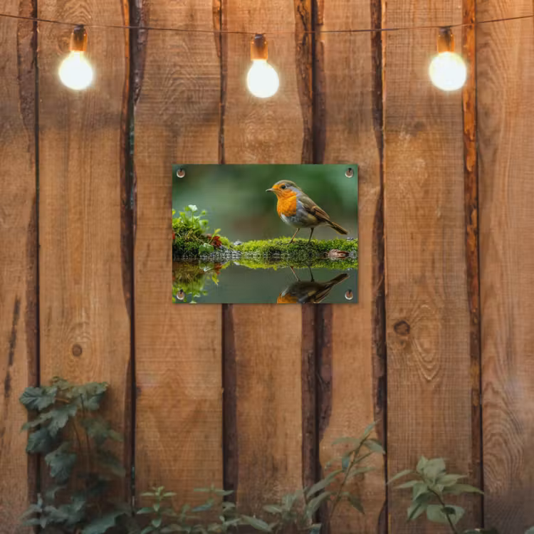 Roodborstje bij het Water tuinposter los doek klein -sfeer1