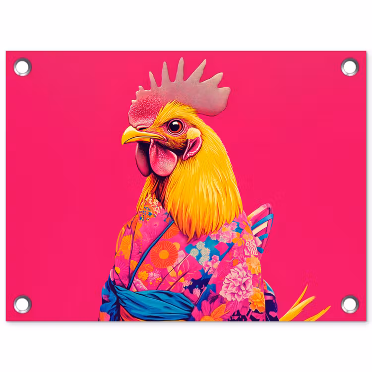Haan - Kleurrijk - Kimono - Roze tuinposter los doek klein -3d